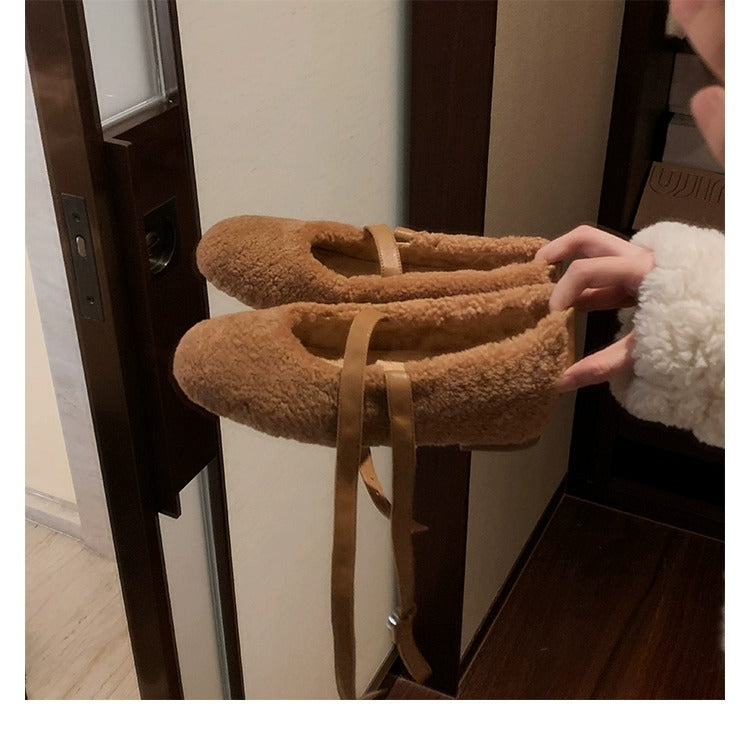 Cross-buckle lambswool plush ballet