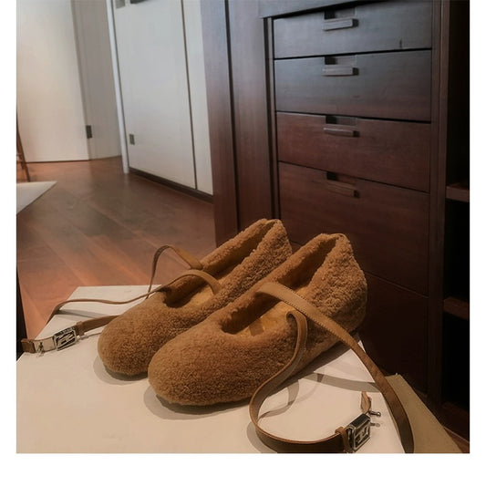 Cross-buckle lambswool plush ballet