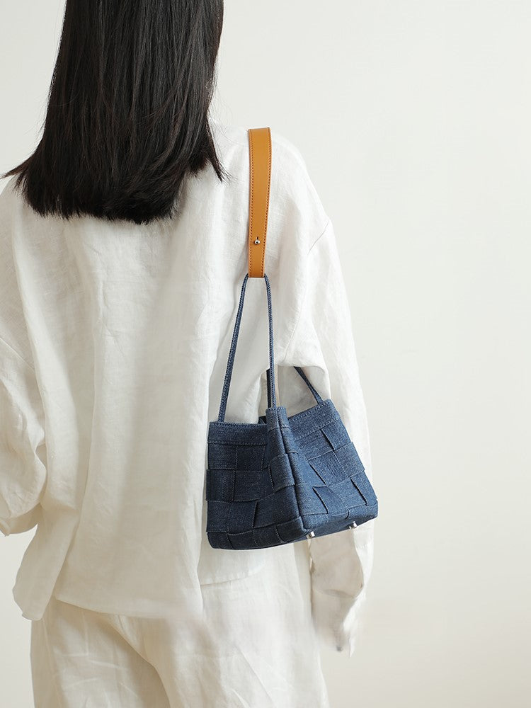 Denim and leather bucket bag