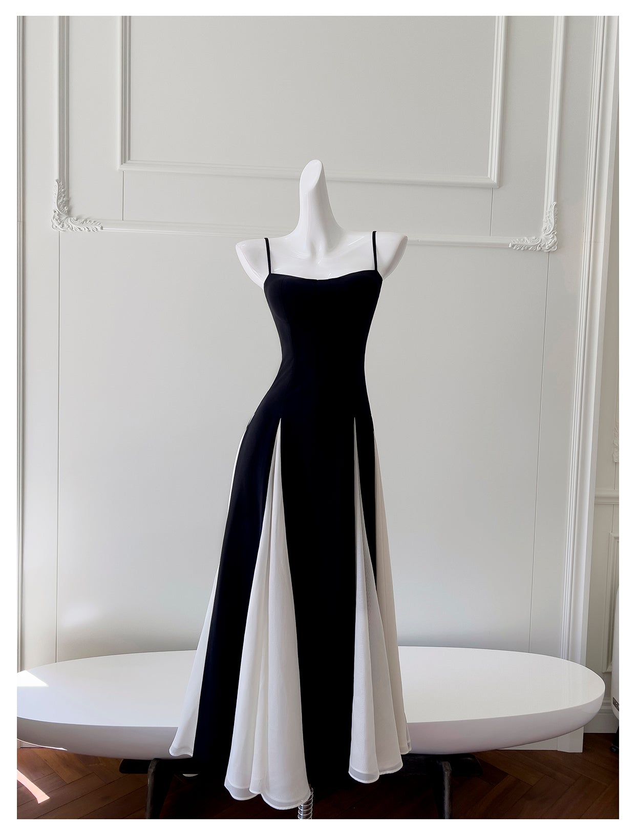 Black and white twill woven chiffon patchwork suspender long skirt