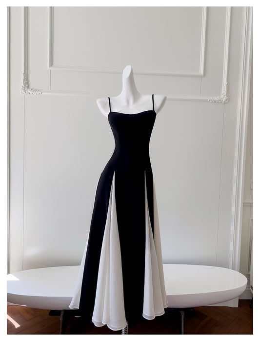 Black and white twill woven chiffon patchwork suspender long skirt