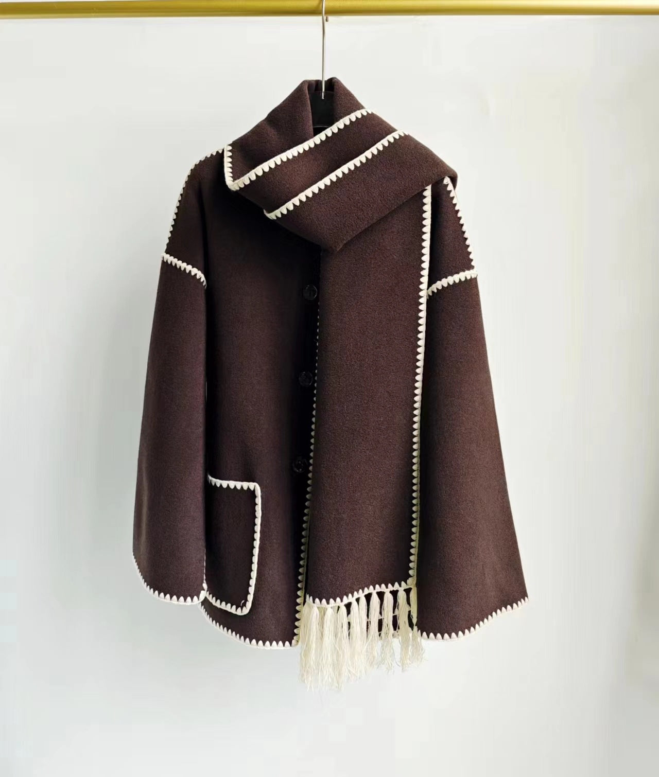 Wool coat with heather embroidered scarf