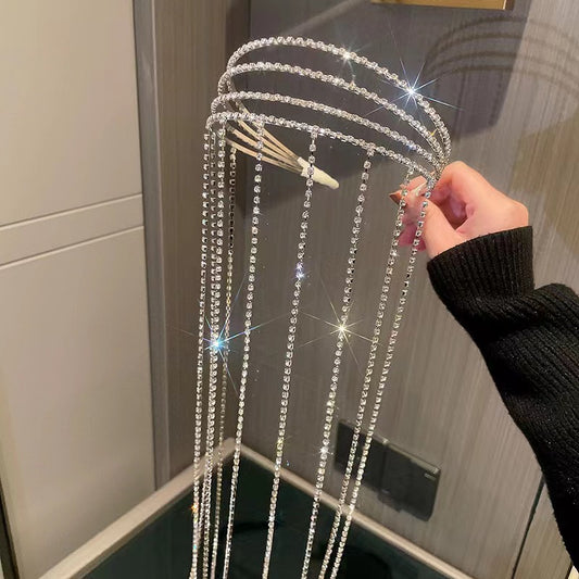 Silver sparkling diamond hair chain headband