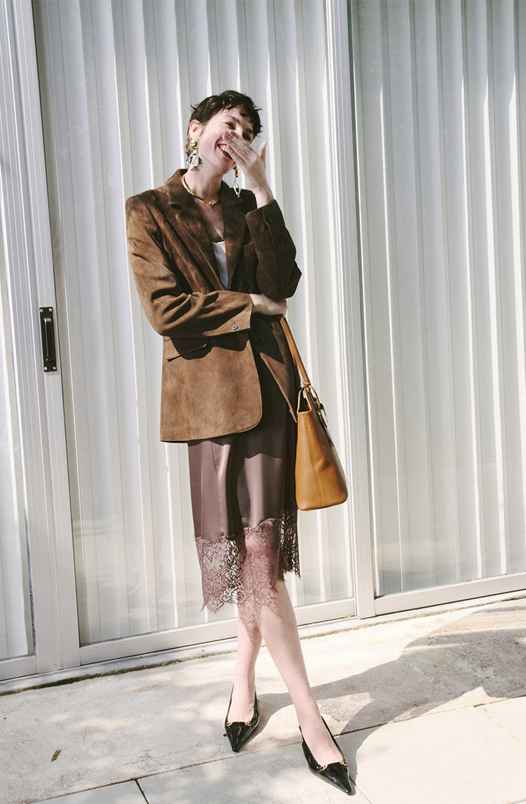 Matte shearling suede blazer/double skirt