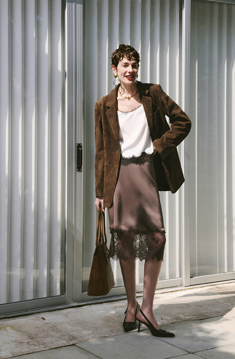 Matte shearling suede blazer/double skirt