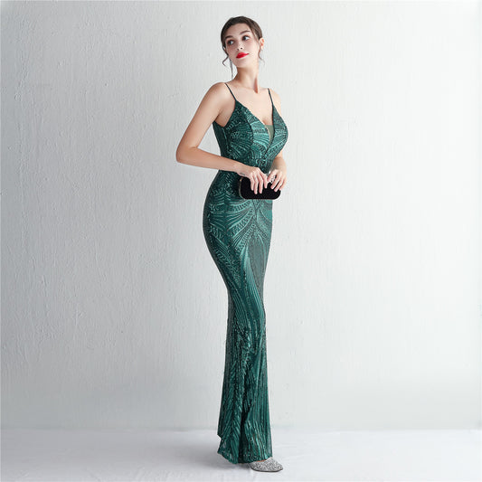 Sequined fishtail long evening dress