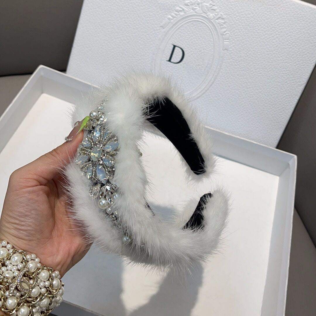 Mink fur wide-brim pressed plush diamond-encrusted headband