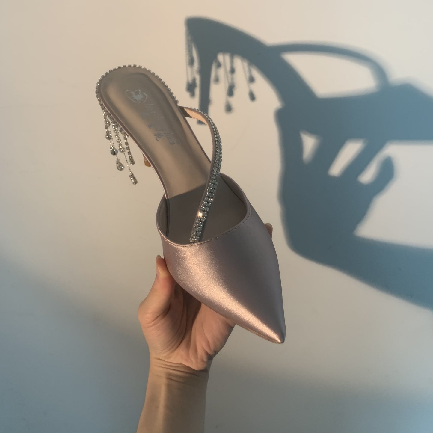 Pointed rhinestone stiletto heel champagne color sandals