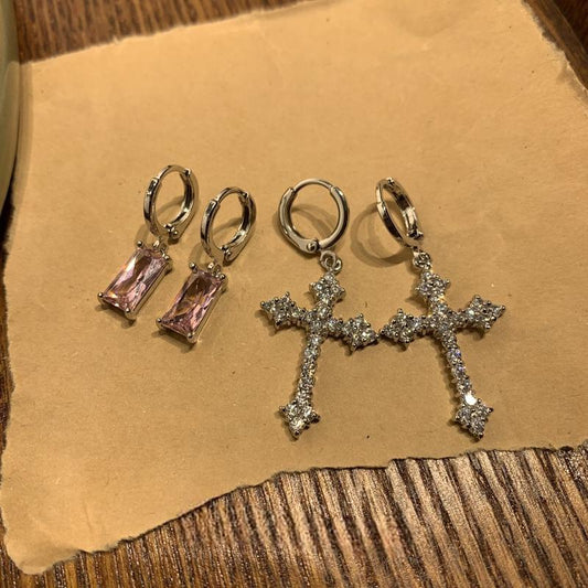 Sparkling Diamond Cross Earrings Stacked with Pink Earrings