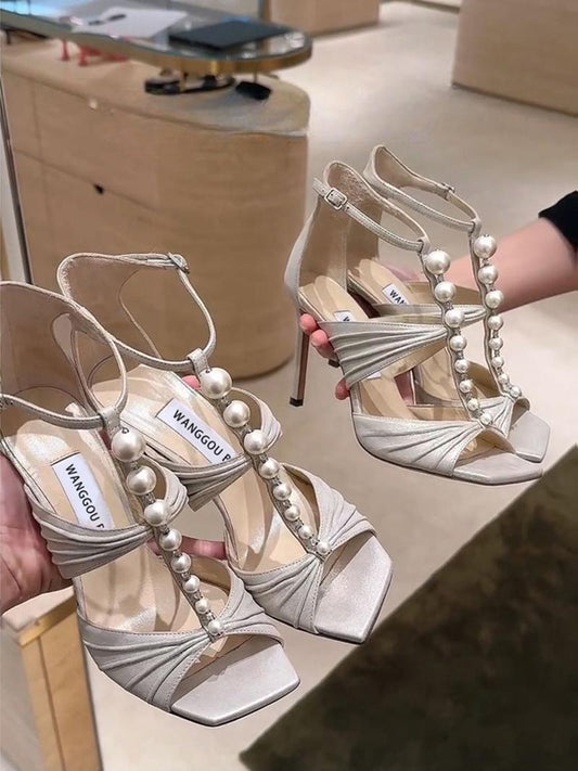 White Roman pleated open-toe high heels