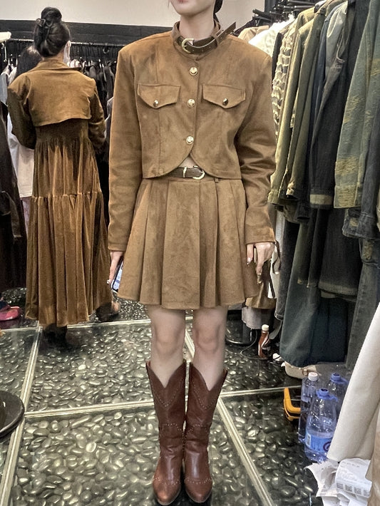 C.Stand collar jacket and pleated skirt two piece set