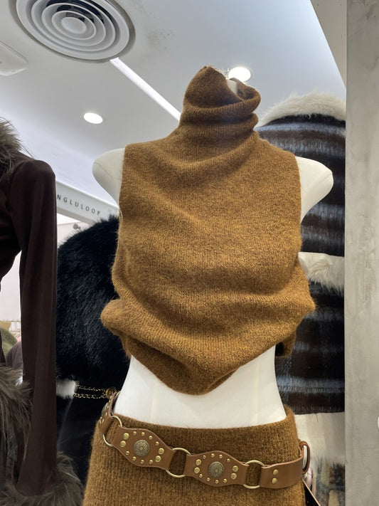Knitted two-piece turtleneck vest long skirt set