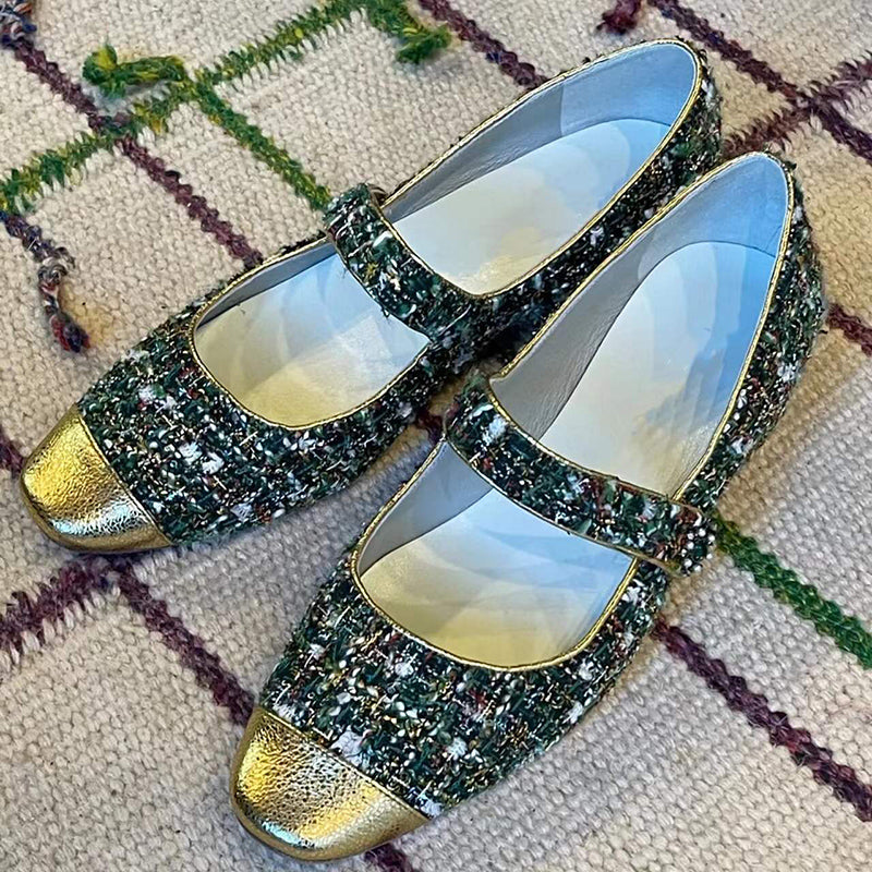 Thick heel color block shallow Mary Jane shoes