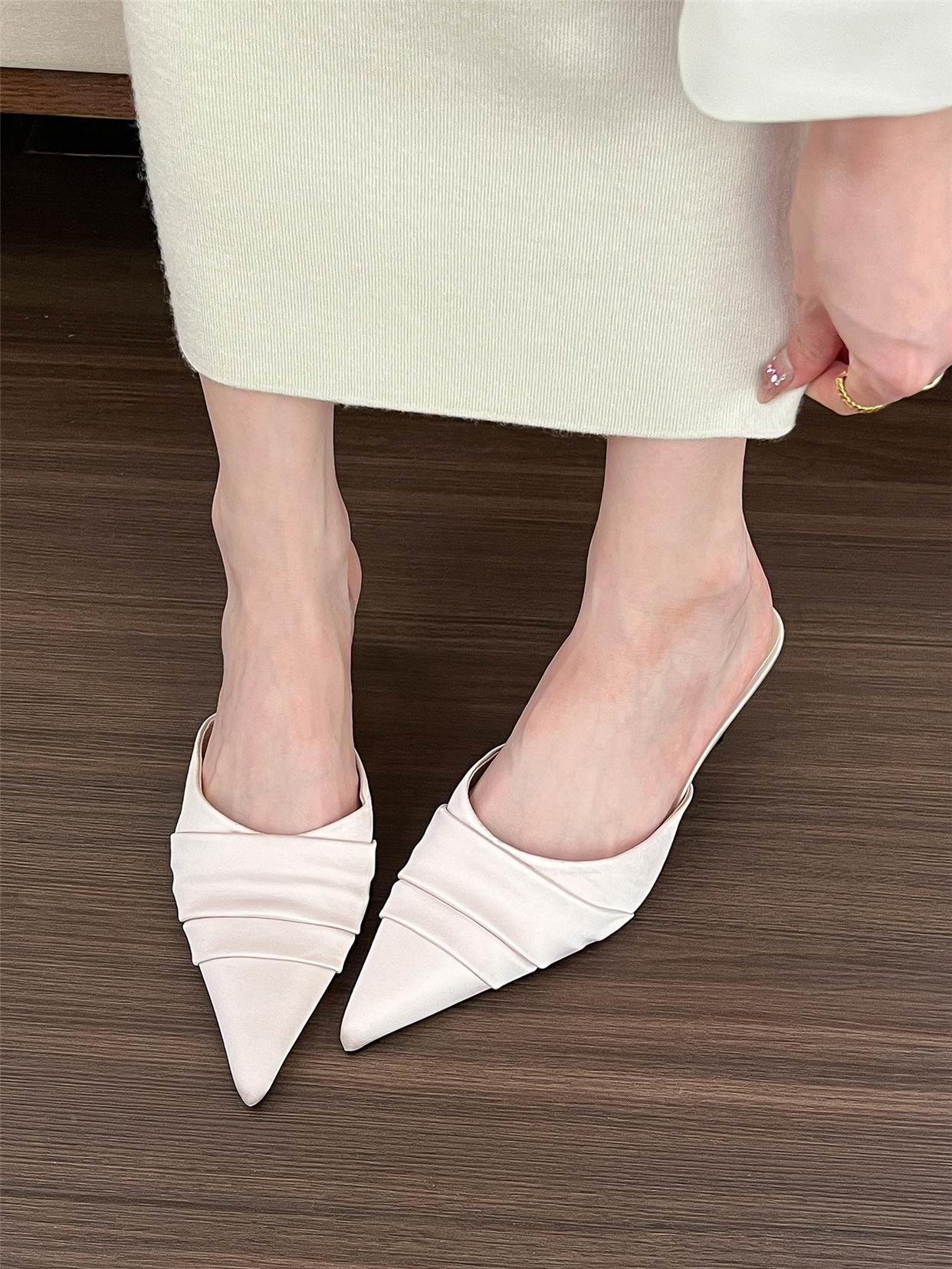Pointed toe pleated summer outerwear satin stiletto mules