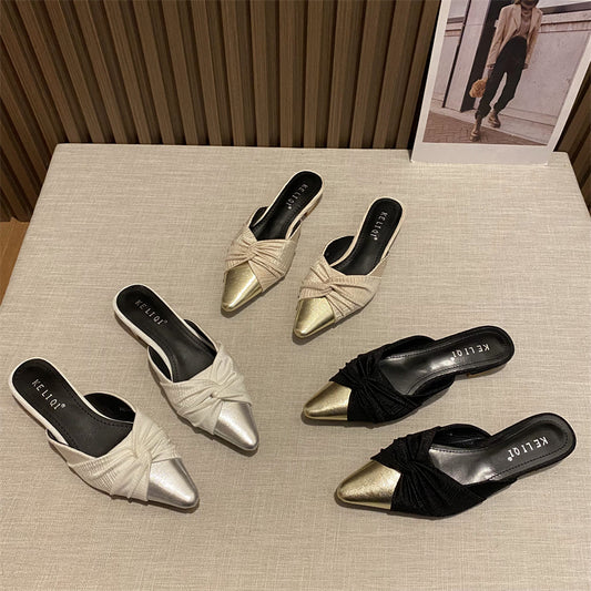 Retro fragrant pleated lady style color block low heel slippers