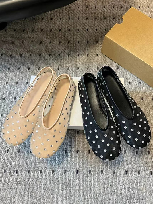 Niche round toe mesh rhinestone ballet flats