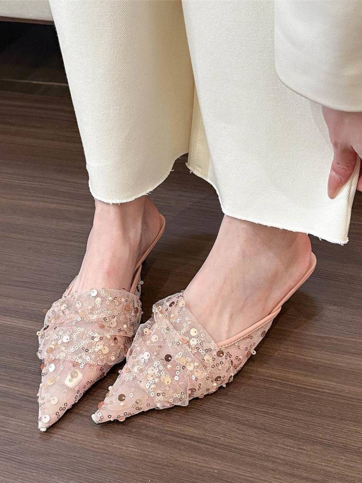 Mesh half slippers sequin pointed toe shoes