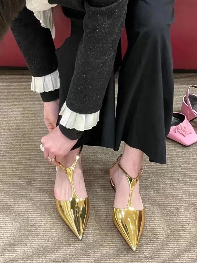 French gold pointed toe flat Mary Jane shoes