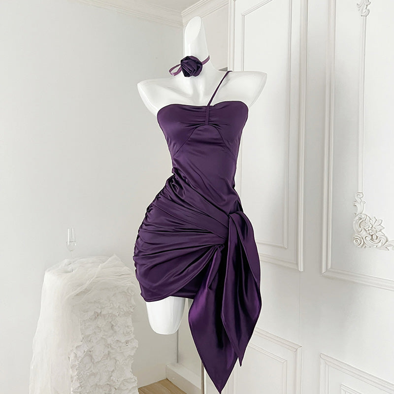 Slim floral halterneck satin dress