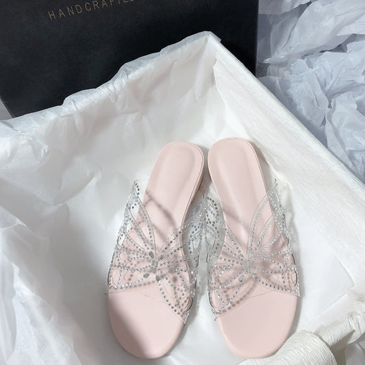 Super Fairy Rhinestone Transparent Butterfly PVC Low Heel Slippers for Women