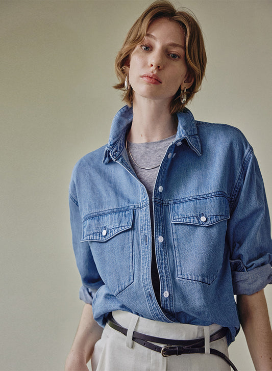 Light washed linen peak collar denim shirt