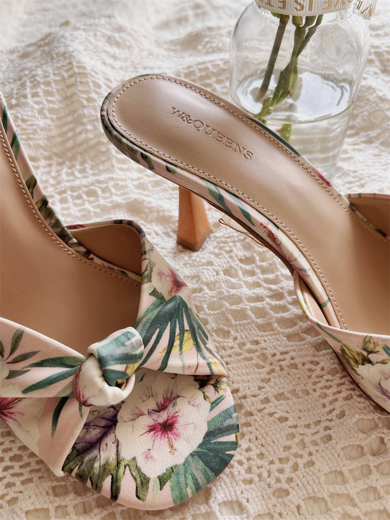 Retro style French square toe flower strap two-wear slippers and sandals