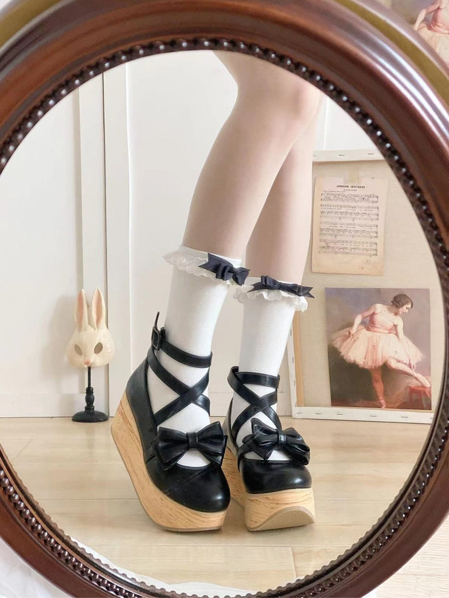 Wood Grain Ningyo Hime|White Tea Dream Original Bow Strappy Thick Sole Shoes