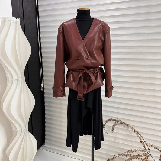 V-neck lace-up PU suit motorcycle jacket