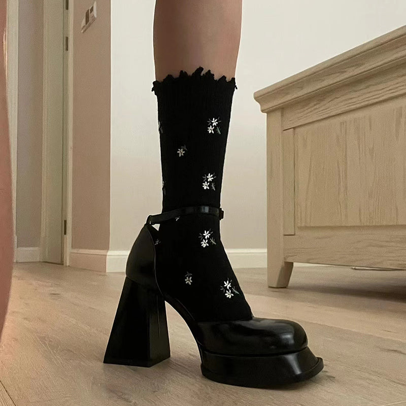 Printed black and white plaid block heel high heel Mary Jane