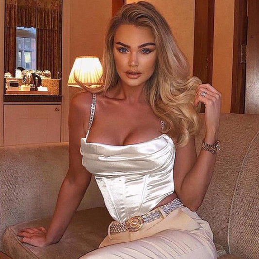 Satin and rhinestone strap midriff-baring slim-fit outer bra