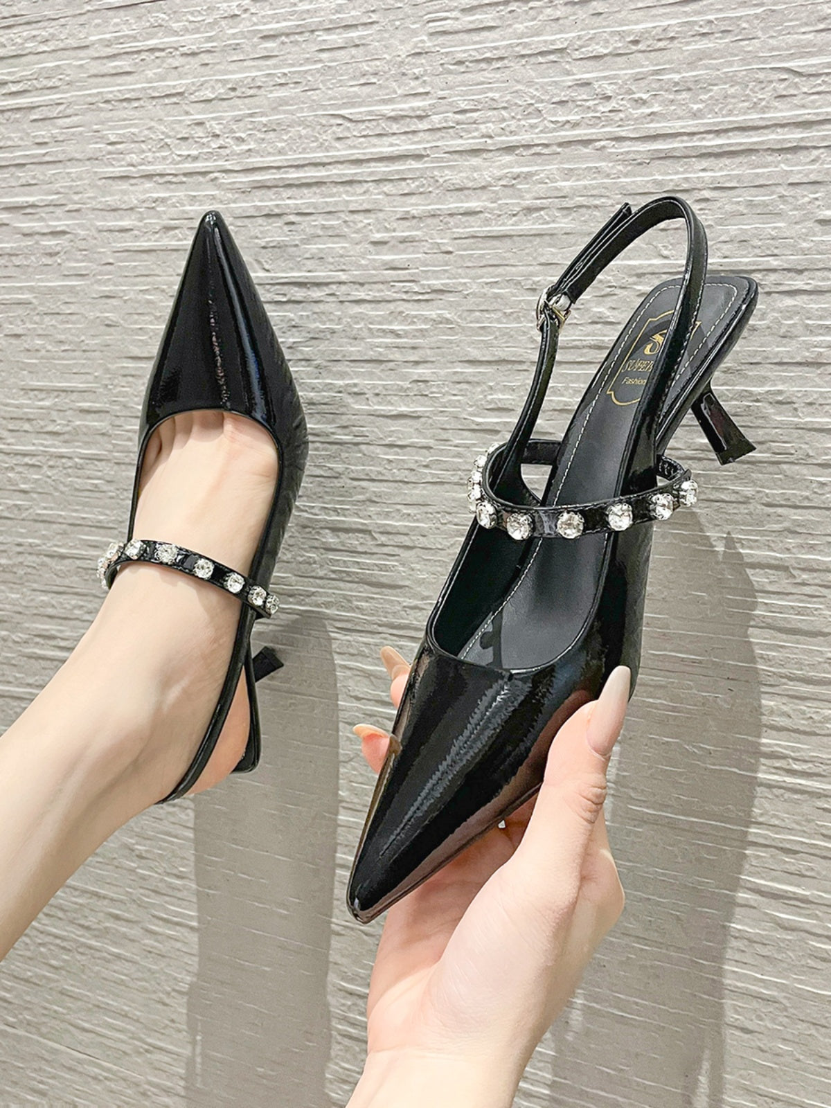 French patent leather pointed-toe rhinestone sheepskin high-heeled shoes