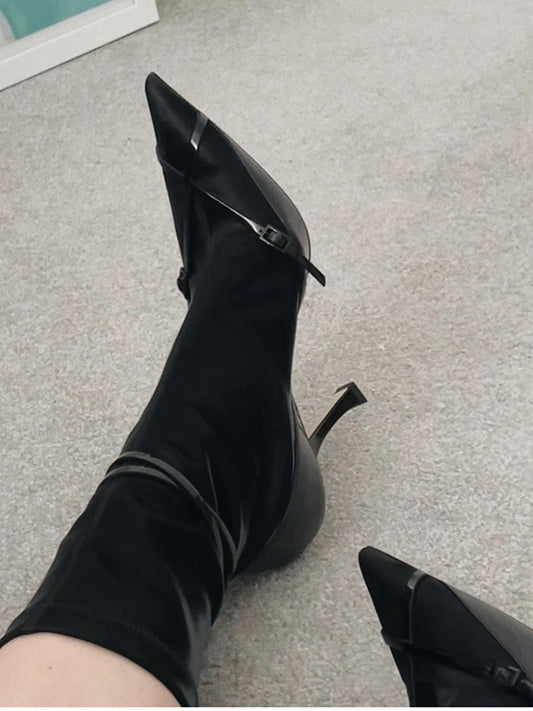 Women's mid-calf elastic boots with pointed toe high heel socks