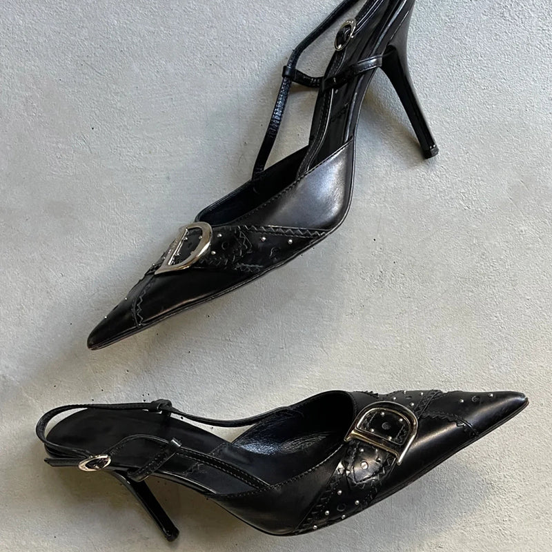 Retro high heels metal D buckle pointed toe back strap buckle stiletto sandals