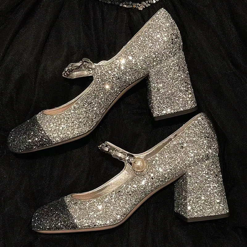 French style contrasting sequined square toe block heels Mary Jane