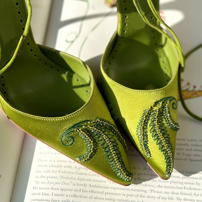Rhinestone embroidered pointed toe strappy high heels