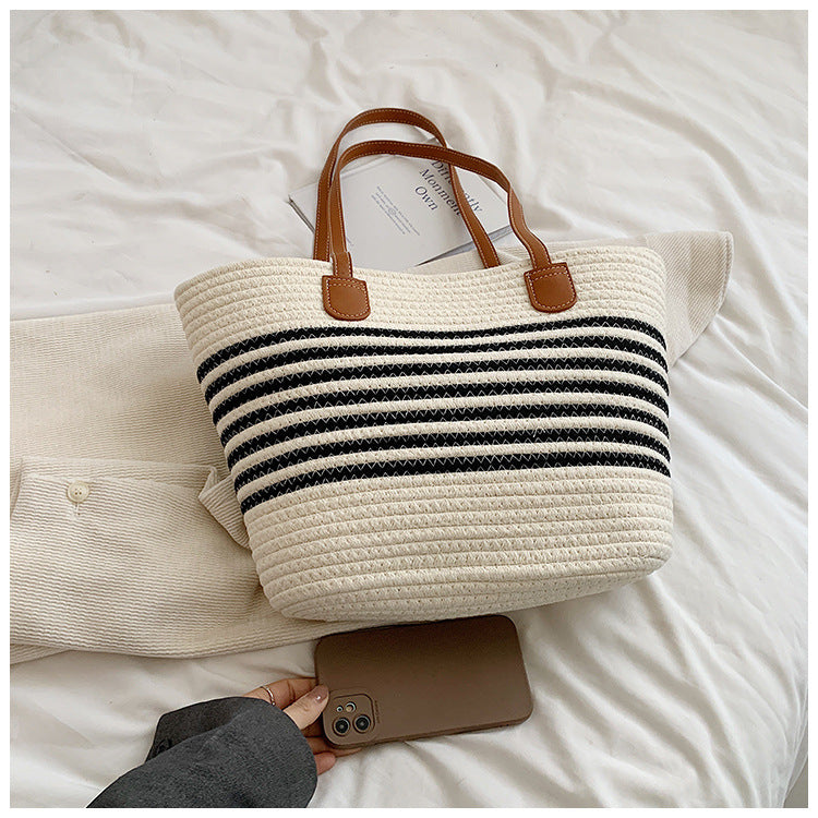 Woven Contrast Stripe Beach Bag