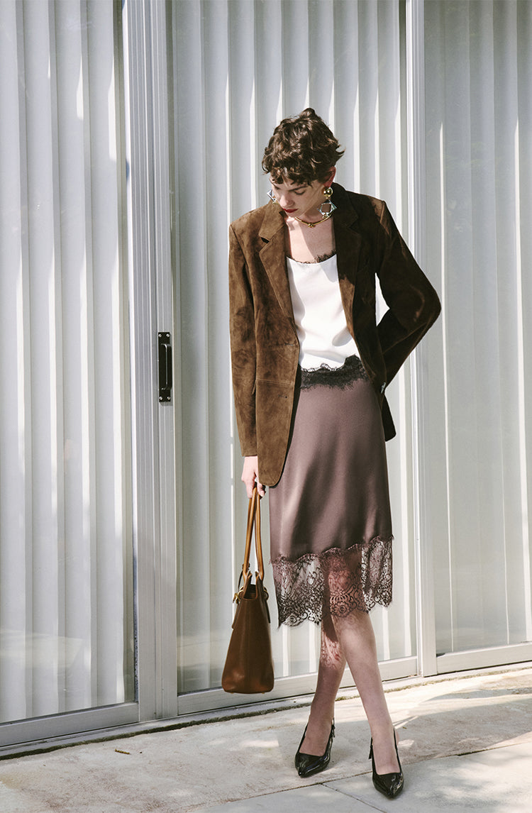 Matte shearling suede blazer/double skirt