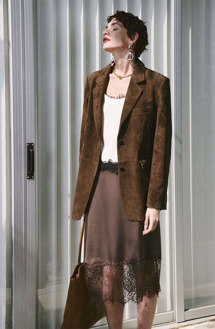 Matte shearling suede blazer/double skirt