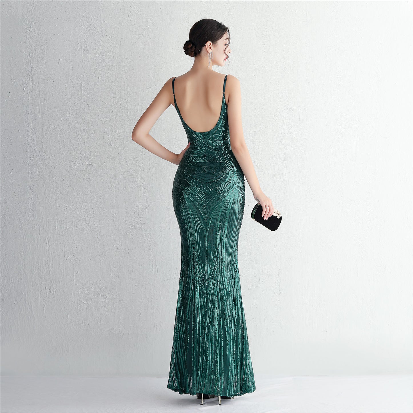 Sequined fishtail long evening dress