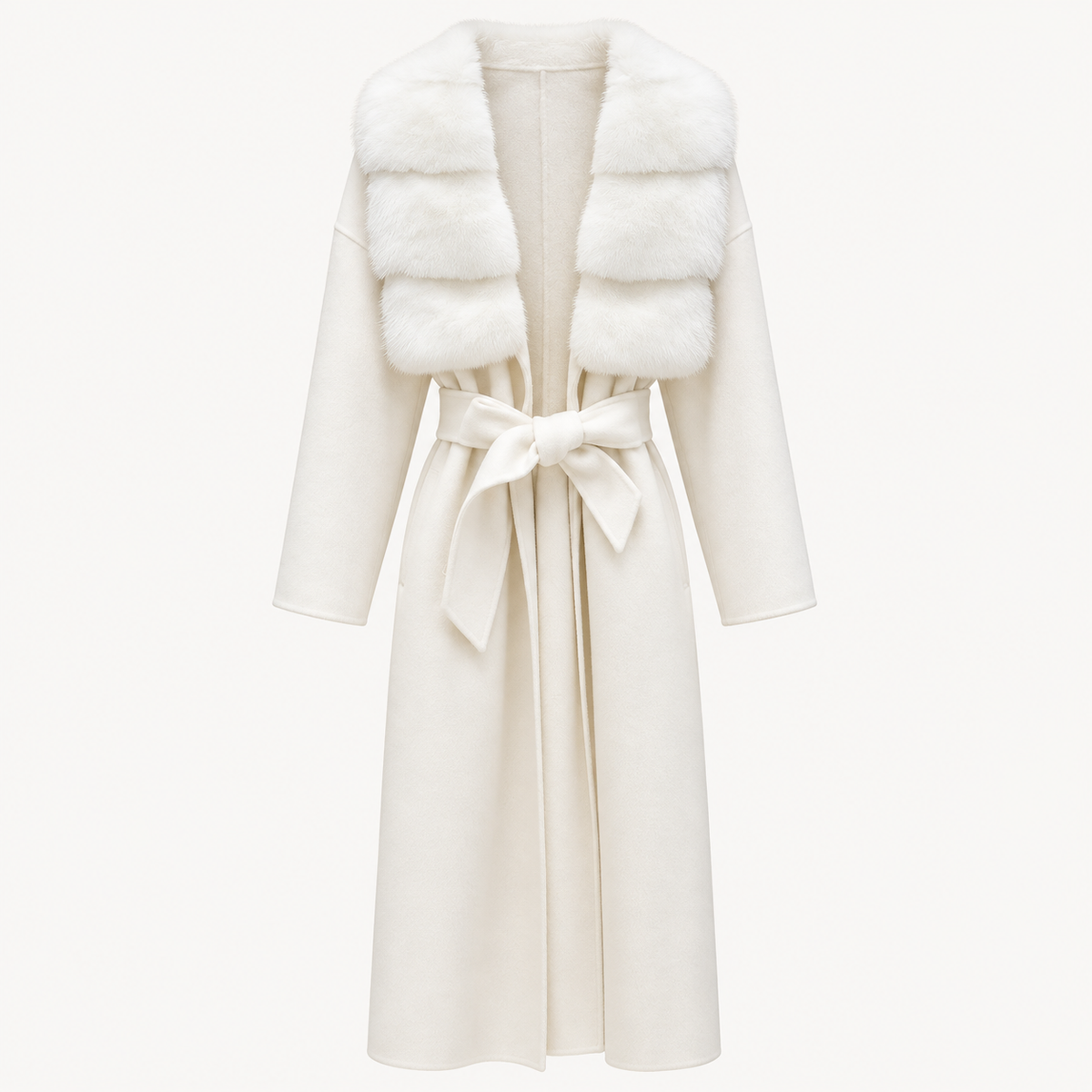 Ivory Cashmere Mink Fur Collar Long Coat - Camel Brown