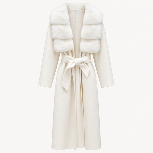 Ivory Cashmere Mink Fur Collar Long Coat - Camel Brown