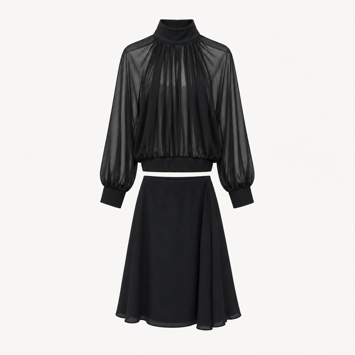 Noir Chiffon Blouse And Midi Skirt Set