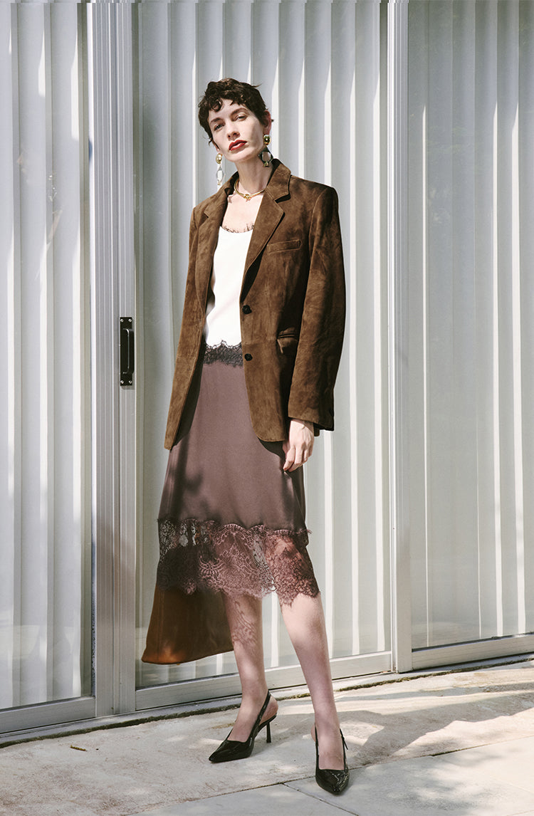 Matte shearling suede blazer/double skirt