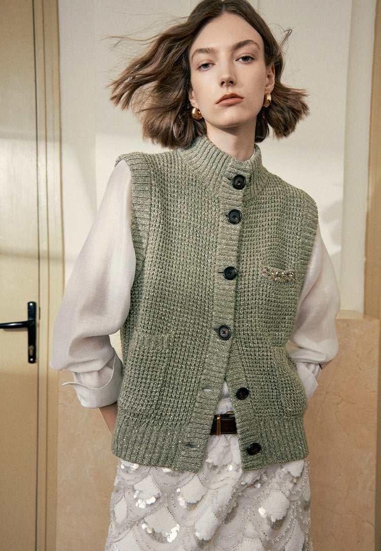"Diamond Sequins" gold linen cashmere knitted cardigan/vest/suit