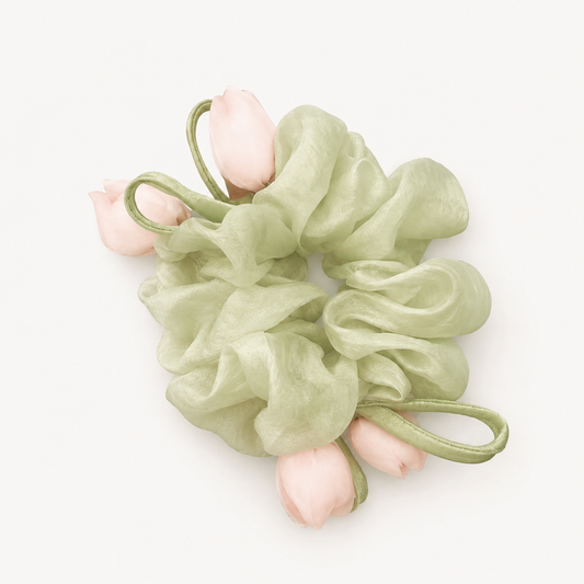 SWEET DREAMS FLORAL SCRUNCHIE IN PISTACHIO BLOSSOM