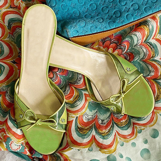 Medieval sandals olive green elegant stiletto bow high heel sandals
