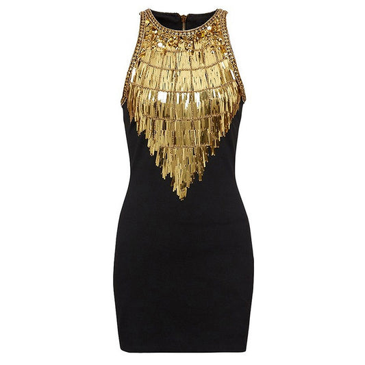 Light luxury handmade beaded dress for ladies, hip-hugging short skirt