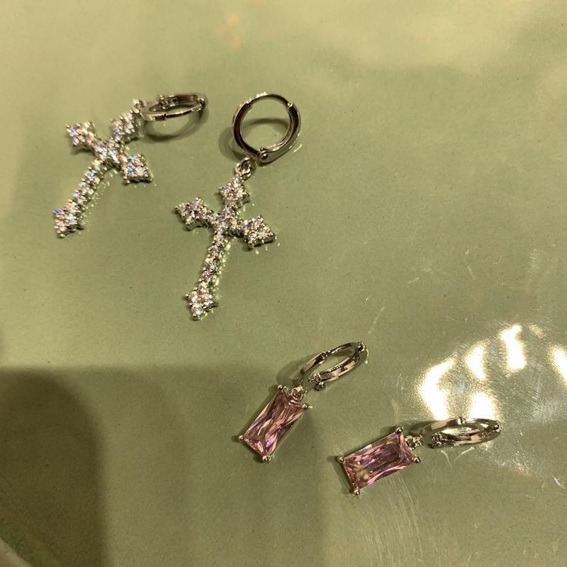 Sparkling Diamond Cross Earrings Stacked with Pink Earrings