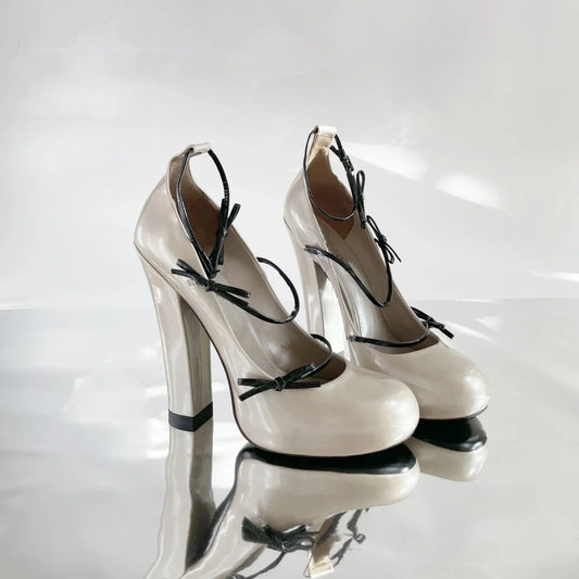 Milk tea color shiny thick heels European and American socialite Mary Jane