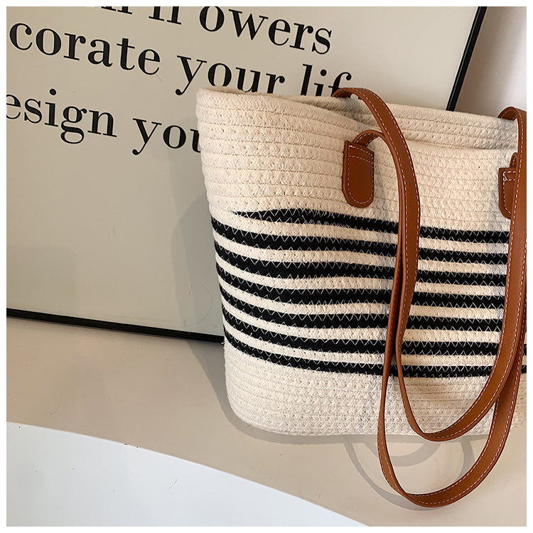 Woven Contrast Stripe Beach Bag